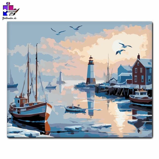 Winterlicher Fischersteg mit Leuchtturm | Malen nach Zahlen-Zahlmaler.de