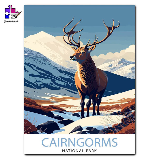 Der Hirsch im Cairngorms bei Sonnenuntergang | Malen nach Zahlen