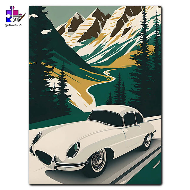 Weißer Oldtimer in den Bergen | Malen nach Zahlen