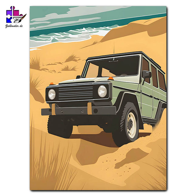 Der Geländewagen an den Dünen | Malen nach Zahlen