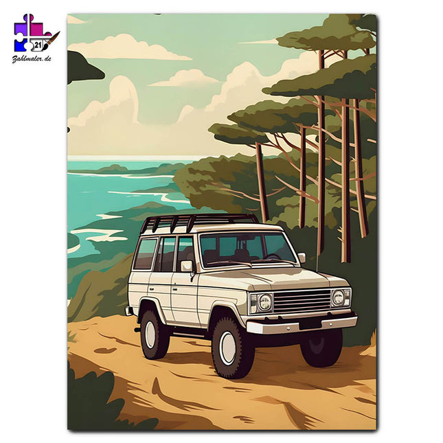 Der Geländewagen an der Küste | Malen nach Zahlen