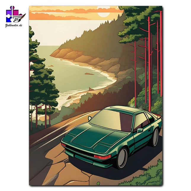 Grüner Wagen an der Küste | Malen nach Zahlen