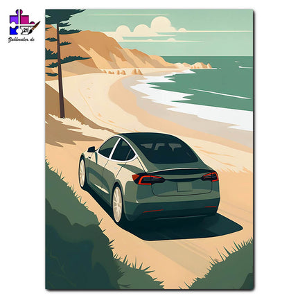 Tesla am Strand | Malen nach Zahlen