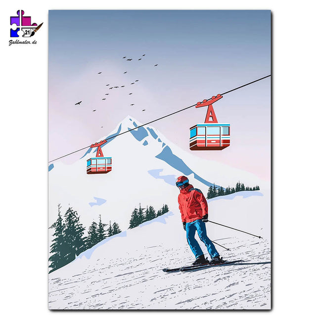 Skifahren unter den Gondeln | Malen nach Zahlen