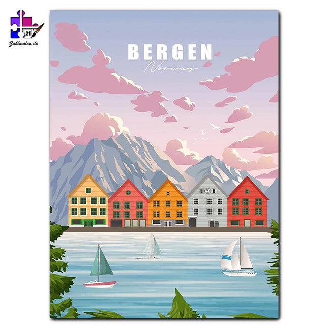Bergen und die Segelboote | Malen nach Zahlen