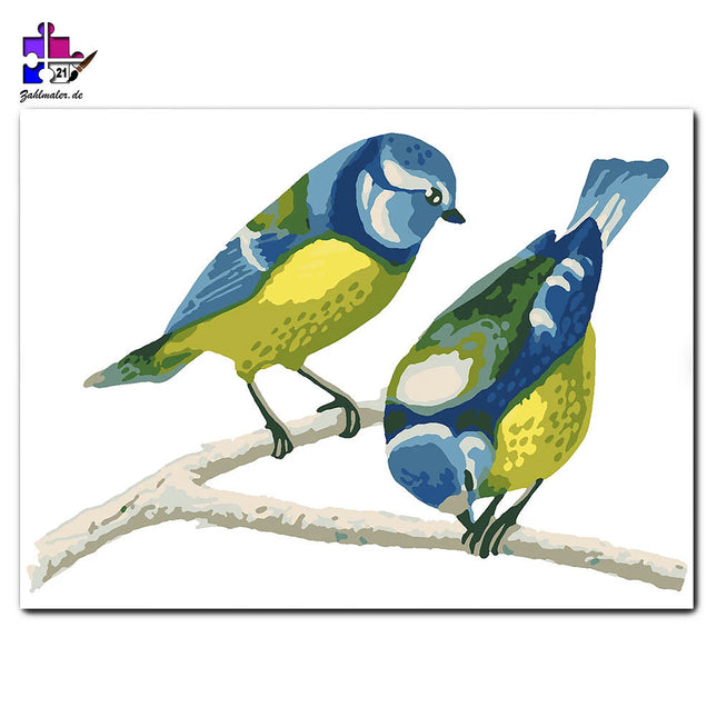 Die zwei Blaumeiseln auf dem Ast | Malen nach Zahlen