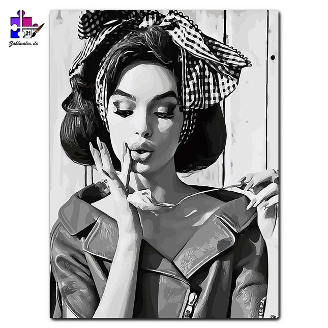 Amerikanisches Mädchen in schwarz-weiß | Malen nach Zahlen-Zahlmaler.de