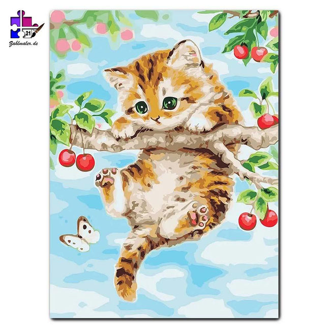 Babykatze auf dem Kirschbaum | Malen nach Zahlen-Zahlmaler.de
