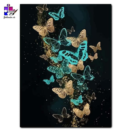Blau leuchtende Schmetterlinge auf schwarz | Malen nach Zahlen-Zahlmaler.de