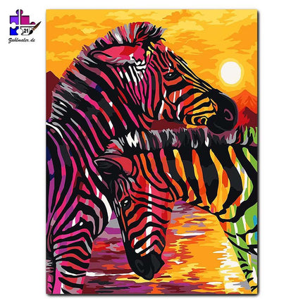 Bunte Zebras im Sonnenuntergang | Malen nach Zahlen-Zahlmaler.de