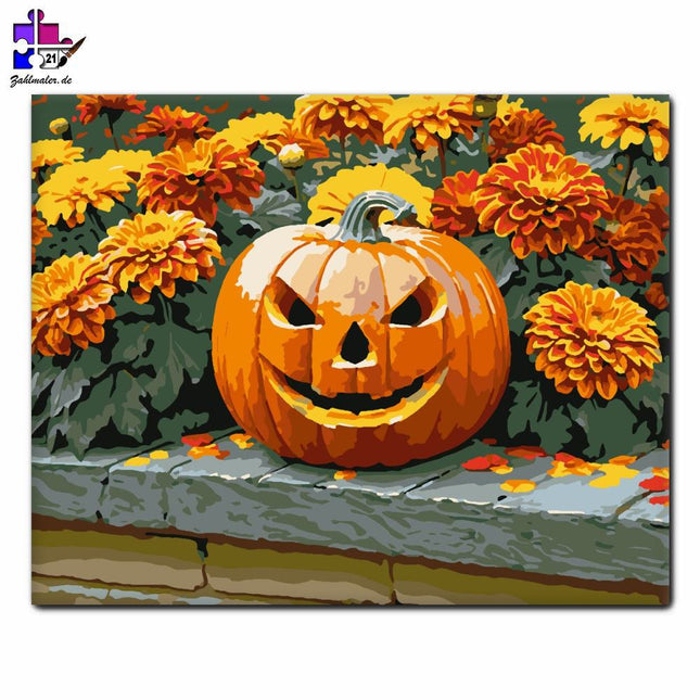 Geschnitzte Kürbisse zwischen Herbstblumen | Malen nach Zahlen-Zahlmaler.de