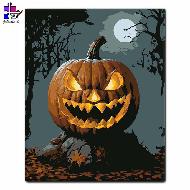 Gruselige Kürbislaterne im gespenstischen Wald | Malen nach Zahlen-Zahlmaler.de