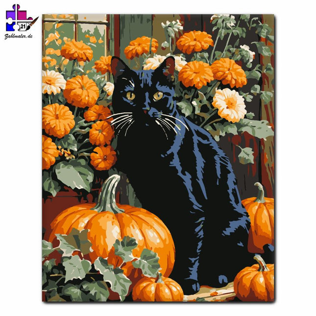 Schwarze Katze und Kürbisse im Herbstgarten | Malen nach Zahlen-Zahlmaler.de