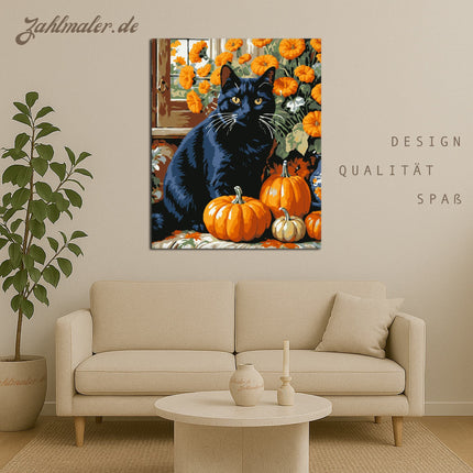 Schwarze Katze und Kürbisse im Herbst | Malen nach Zahlen-Zahlmaler.de
