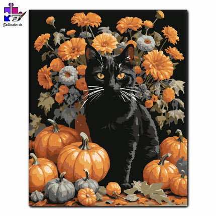 Schwarze Herbstkatze und Kürbisse zwischen Blumen | Malen nach Zahlen-Zahlmaler.de