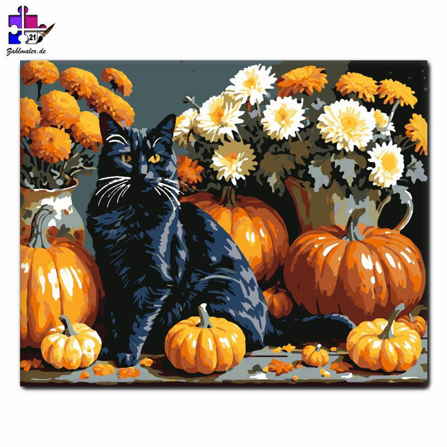 Schwarze Katze und Herbstkürbisse | Malen nach Zahlen-Zahlmaler.de