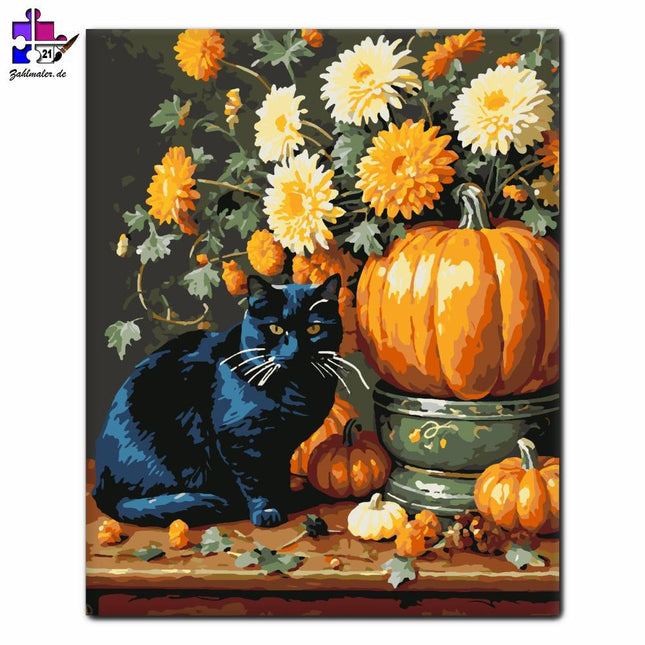 Schwarze Katze und Herbstblumen | Malen nach Zahlen-Zahlmaler.de
