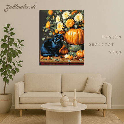 Schwarze Katze und Herbstblumen | Malen nach Zahlen-Zahlmaler.de