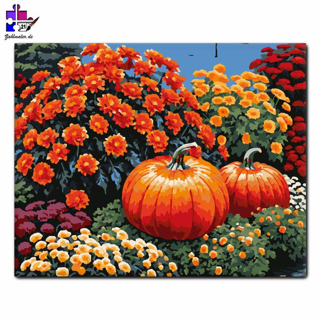 Herbstgarten mit Blumen und Kürbissen | Malen nach Zahlen-Zahlmaler.de