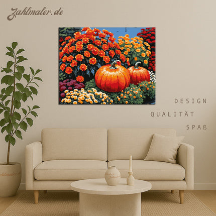 Herbstgarten mit Blumen und Kürbissen | Malen nach Zahlen-Zahlmaler.de
