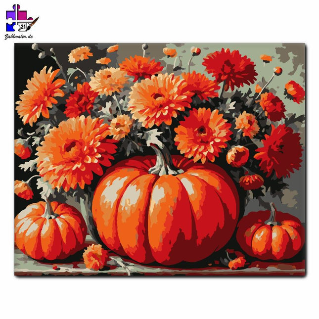 Orangefarbene Chrysanthemen und Kürbisse | Malen nach Zahlen-Zahlmaler.de