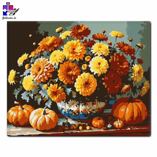 Herbstchrysanthemen und Kürbisse | Malen nach Zahlen-Zahlmaler.de