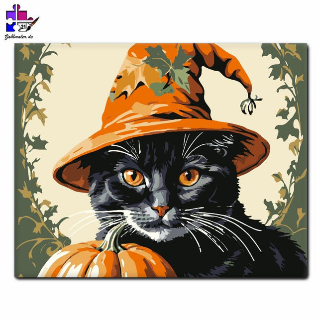 Hexenhafte Halloween Katze | Malen nach Zahlen-Zahlmaler.de