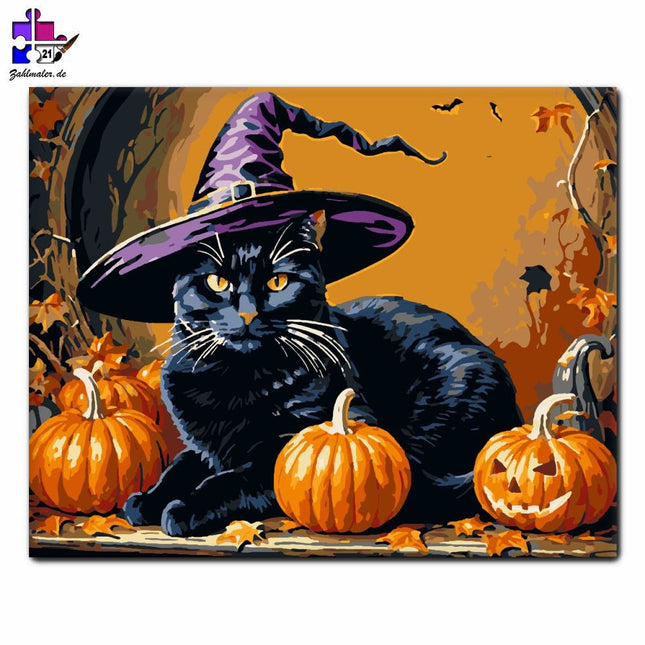 Hexenhafte Halloween Katze | Malen nach Zahlen-Zahlmaler.de