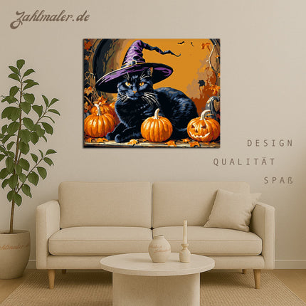 Hexenhafte Halloween Katze | Malen nach Zahlen-Zahlmaler.de