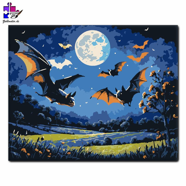 Fledermäuse bei Vollmond | Malen nach Zahlen