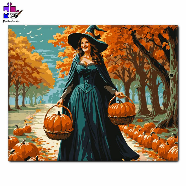 Herbsthexe mit Kürbissen | Malen nach Zahlen-Zahlmaler.de