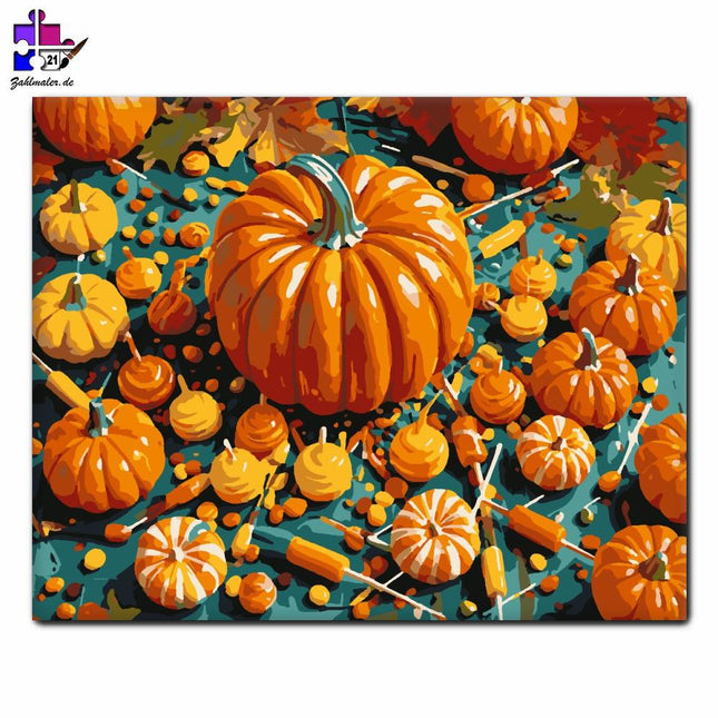 Eine Kavalkade aus Kürbissen und Süßigkeiten | Malen nach Zahlen-Zahlmaler.de