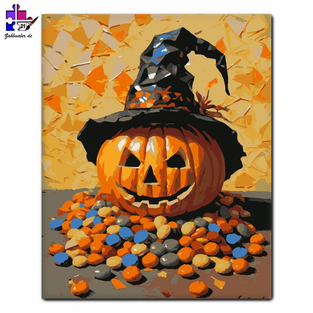 Hexenhut-Kürbis mit Süßigkeiten | Malen nach Zahlen-Zahlmaler.de