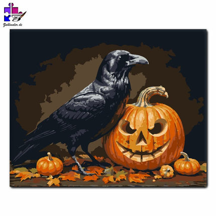 Schwarzer Rabe und Halloween-Kürbis | Malen nach Zahlen-Zahlmaler.de