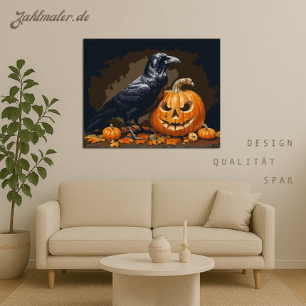 Schwarzer Rabe und Halloween-Kürbis | Malen nach Zahlen-Zahlmaler.de