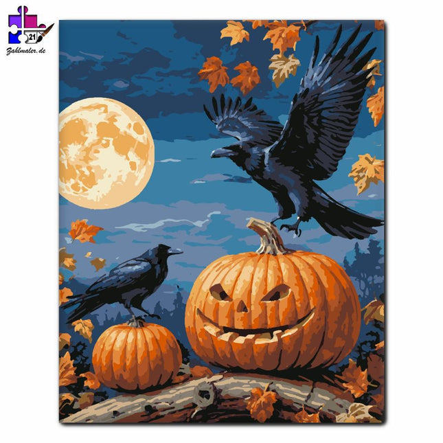 Raben und Kürbisse unter dem Vollmond | Malen nach Zahlen-Zahlmaler.de
