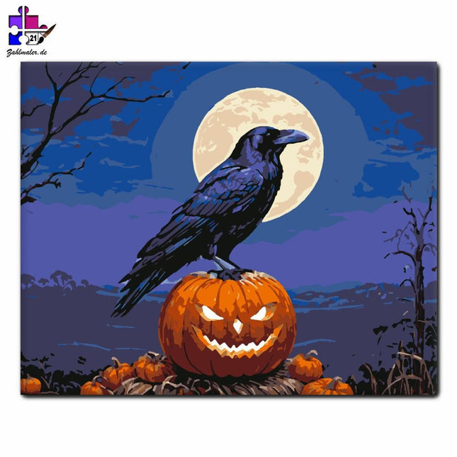 Rabe und Kürbis unter dem Vollmond | Malen nach Zahlen-Zahlmaler.de