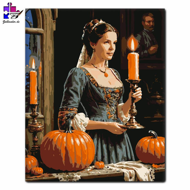 Dame bei Kerzenschein mit Kürbissen | Malen nach Zahlen-Zahlmaler.de