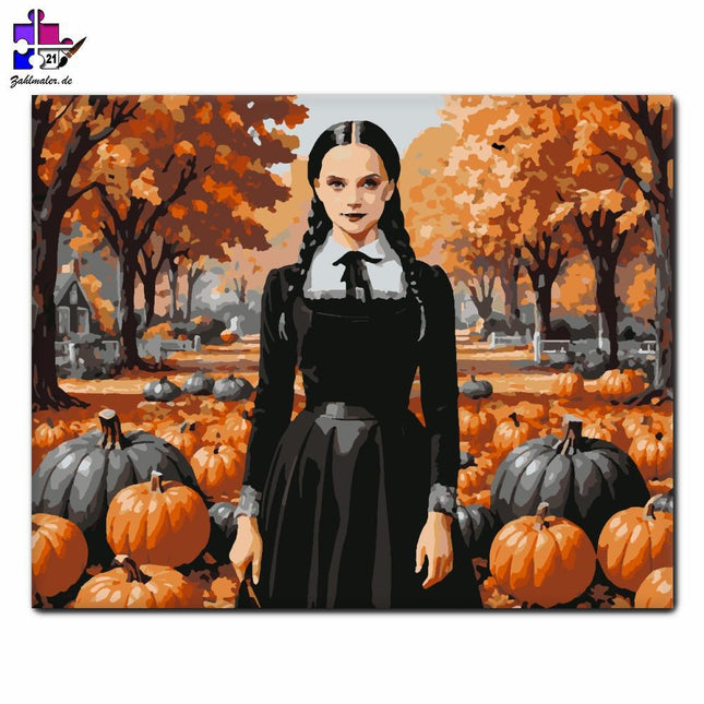 Herbstliche Kürbisse und geheimnisvolles Mädchen | Malen nach Zahlen-Zahlmaler.de