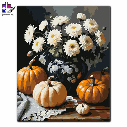 Weiße Chrysanthemen und Kürbisse | Malen nach Zahlen-Zahlmaler.de