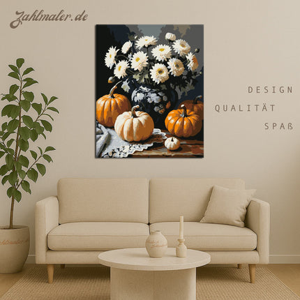 Weiße Chrysanthemen und Kürbisse | Malen nach Zahlen-Zahlmaler.de