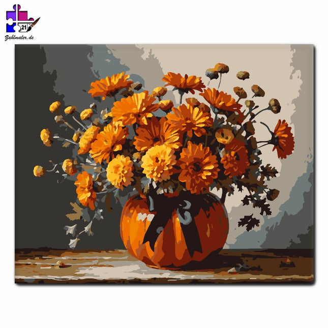 Herbstliches Blumenarrangement in Kürbisvase | Malen nach Zahlen-Zahlmaler.de