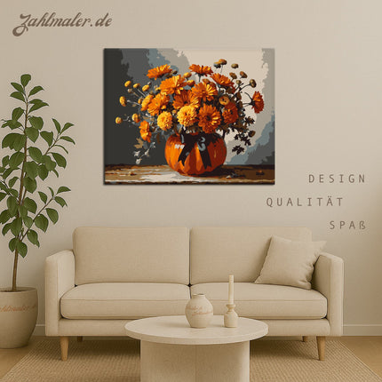 Herbstliches Blumenarrangement in Kürbisvase | Malen nach Zahlen-Zahlmaler.de