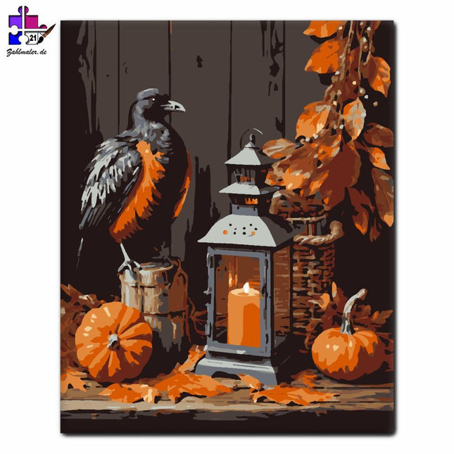 Herbstkrähe und Laterne | Malen nach Zahlen-Zahlmaler.de