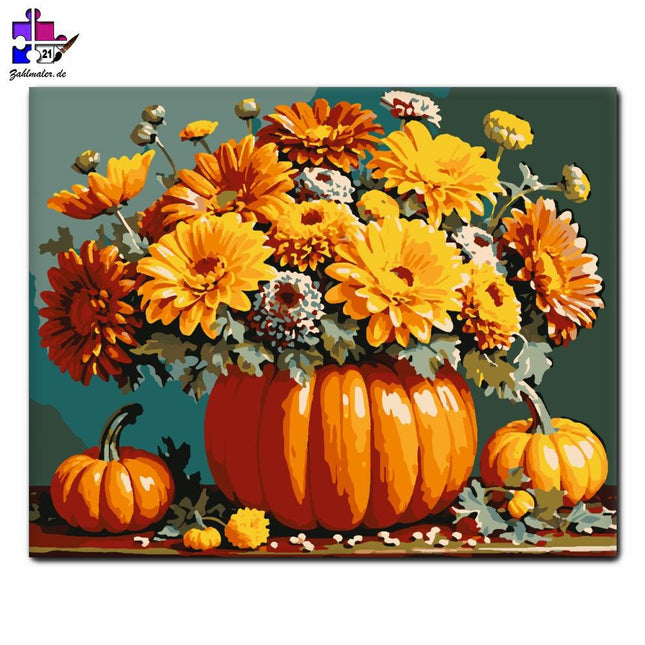 Herbstlicher Blumenstrauß im Kürbis | Malen nach Zahlen-Zahlmaler.de