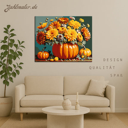 Herbstlicher Blumenstrauß im Kürbis | Malen nach Zahlen-Zahlmaler.de