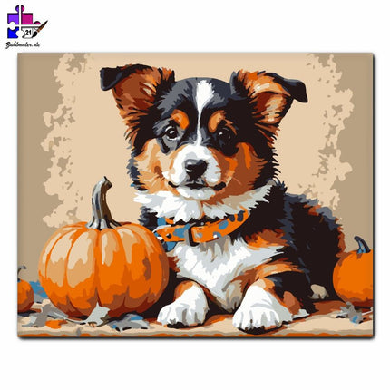 Herbstlicher Welpe mit Kürbissen | Malen nach Zahlen-Zahlmaler.de