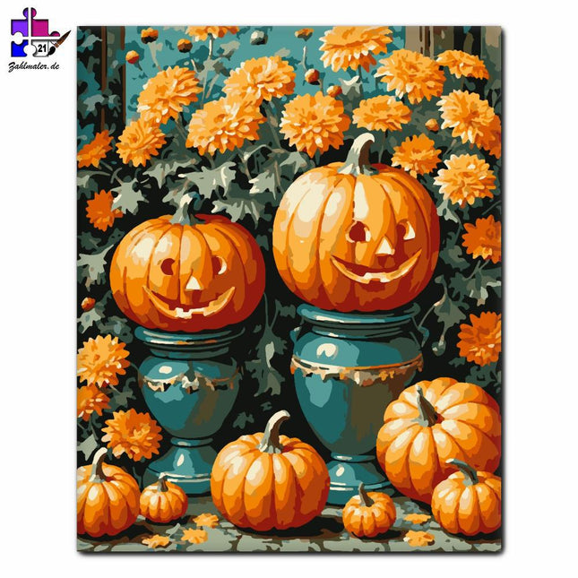 Lustige Kürbislaternen mit Blumen | Malen nach Zahlen-Zahlmaler.de