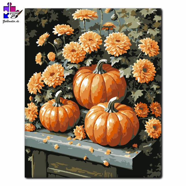 Herbstliche Kürbisse und Blumen in Harmonie | Malen nach Zahlen-Zahlmaler.de