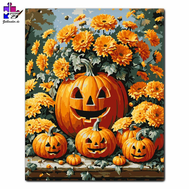 Lustige Kürbislaternen mit Blumen | Malen nach Zahlen-Zahlmaler.de